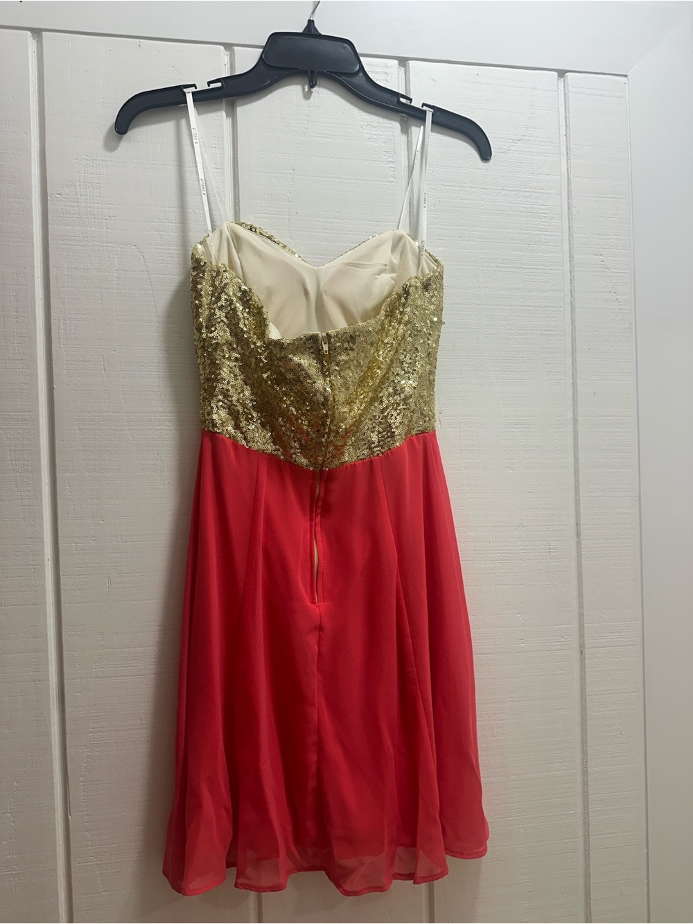B Darlin Strapless Gold Sequin and Coral Pink Dress